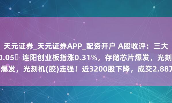 天元证券_天元证券APP_配资开户 A股收评：三大指数集体高潮，沪指涨0.05连阳创业板指涨0.31%，存储芯片爆发，光刻机(胶)走强！近3200股下降，成交2.88万亿放量493亿